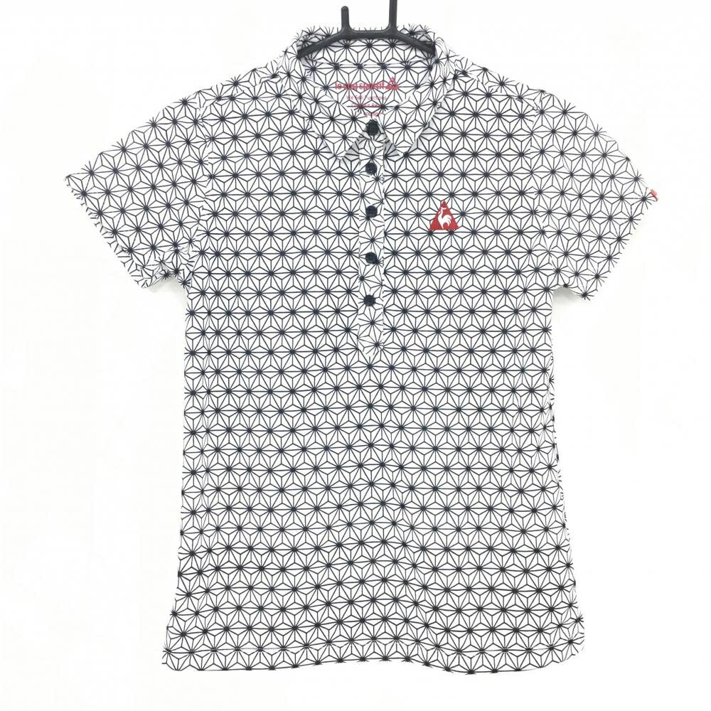 【超美品】ルコックゴルフ 半袖ポロシャツ 白×黒 総柄 ロゴ刺しゅう レディース L ゴルフウェア le coq..