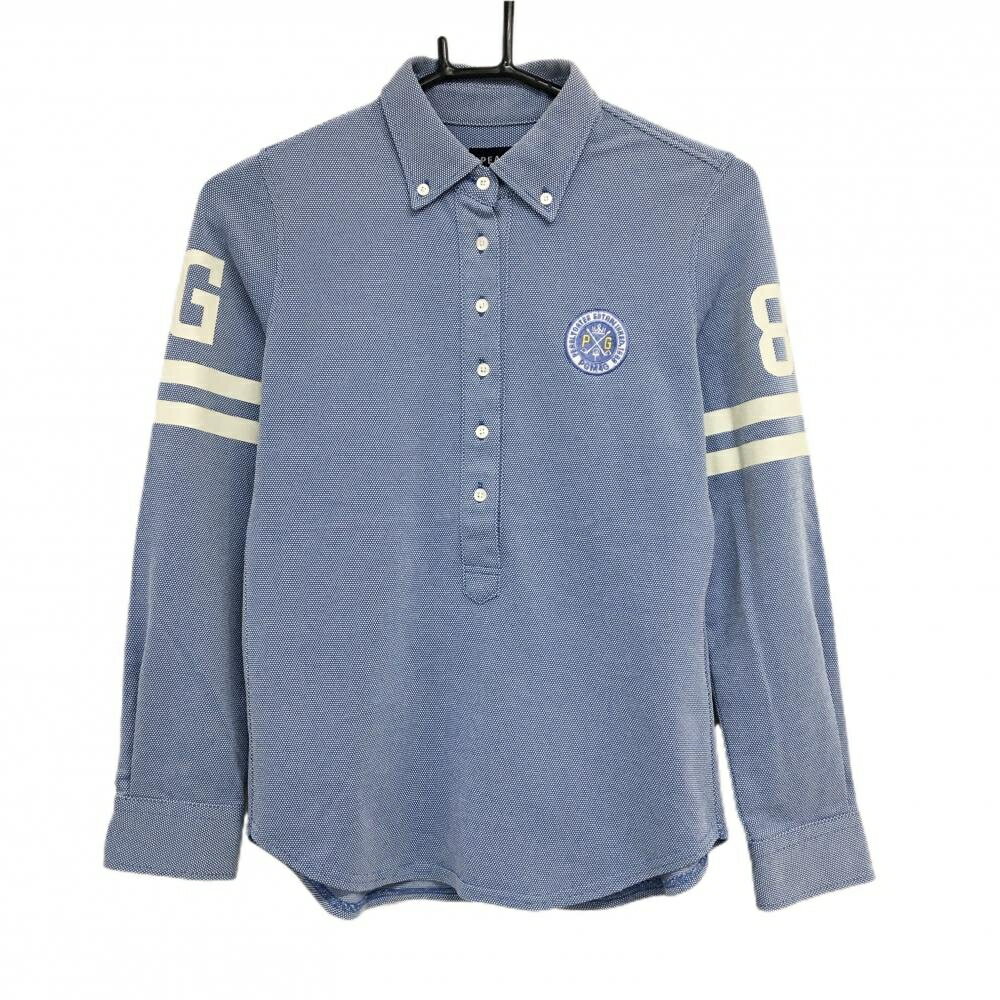 パーリーゲイツ 長袖ポロシャツ ブルー×白 織生地 袖2ライン ボタンダウン レディース 0(S) ゴルフウェ..