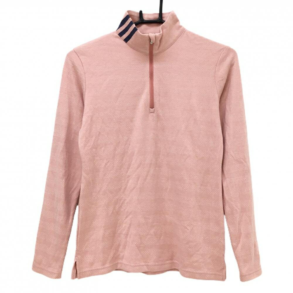 【超美品】アディダス 長袖ハイネックシャツ サーモンオレンジ ボーダー調 表微起毛 3ライン レディース M/M ゴルフウェア adidas