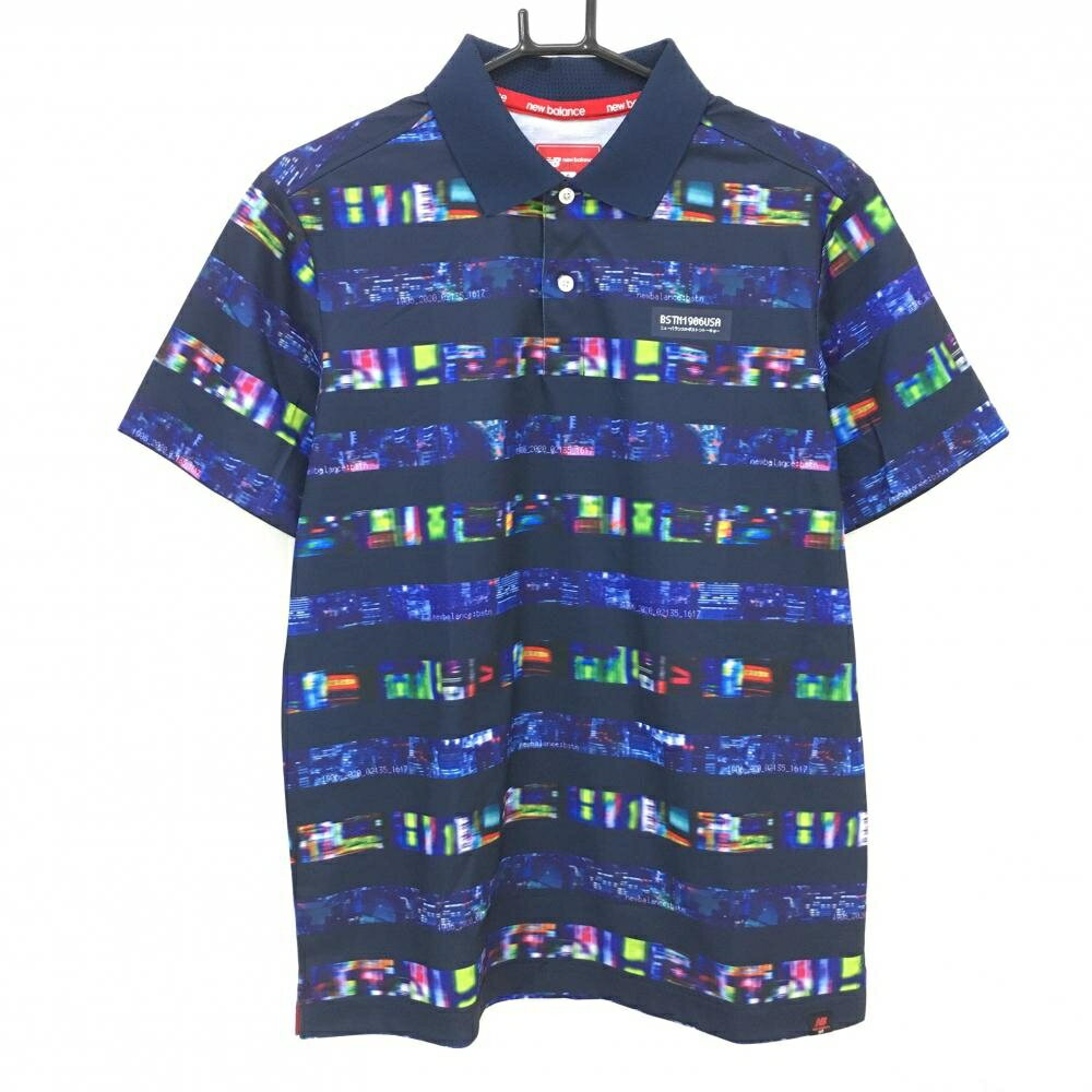 【超美品】ニューバランス 半袖ポロシャツ ネイビー×マルチカラー ボーダー 総柄 メンズ 6(XL) ゴルフウェア New Balance