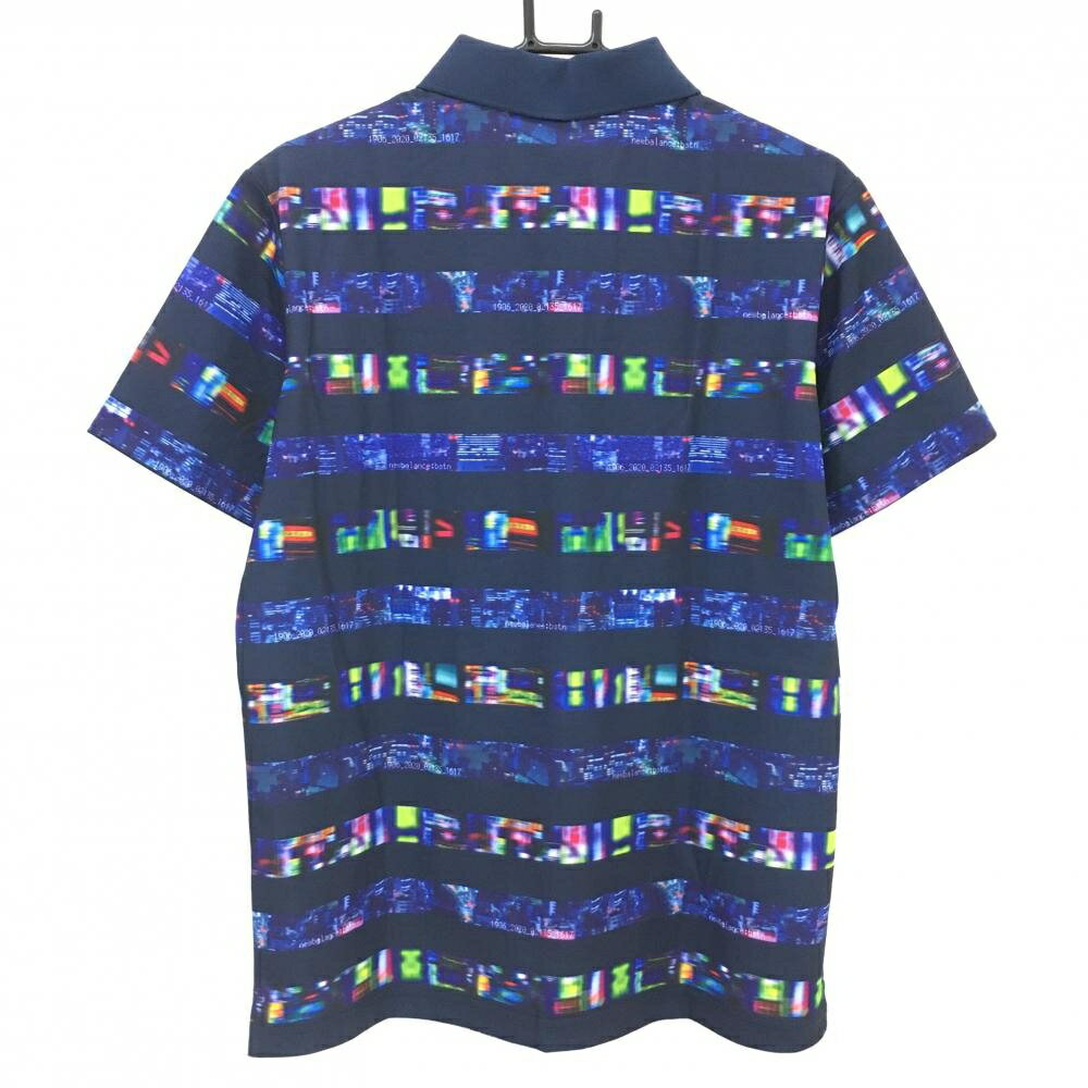 【超美品】ニューバランス 半袖ポロシャツ ネイビー×マルチカラー ボーダー 総柄 メンズ 6(XL) ゴルフウェア New Balance