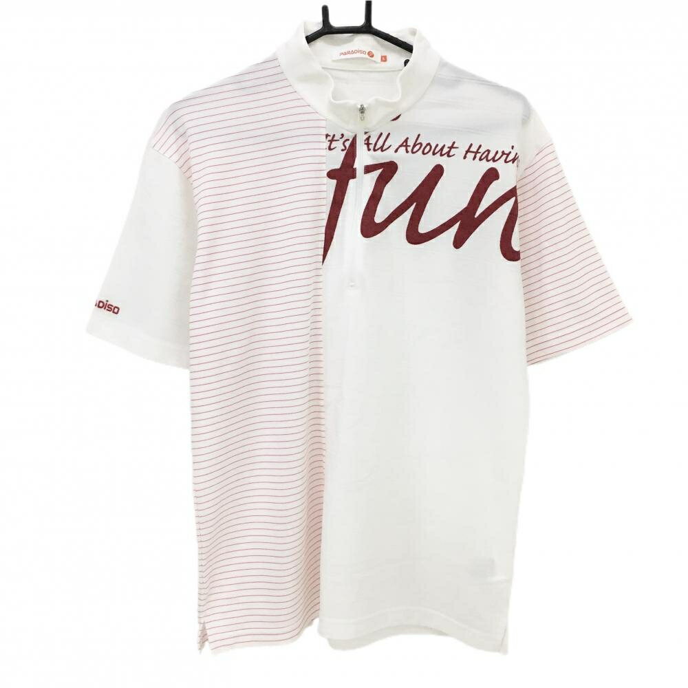PARADISO - 【美品】パラディーゾ 半袖ハイネックシャツ 白×レッド系 ボーダー ハーフジップ フロントロゴ メンズ L ゴルフウェア Paradiso