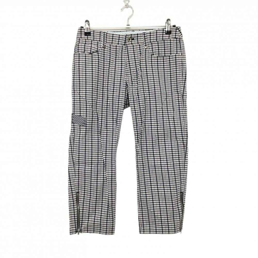 【超美品】ゾーイ 半端丈パンツ 白×ネイビー×ブラウン チェック 裾ファスナー レディース 38(M) ゴルフウェア ZOY