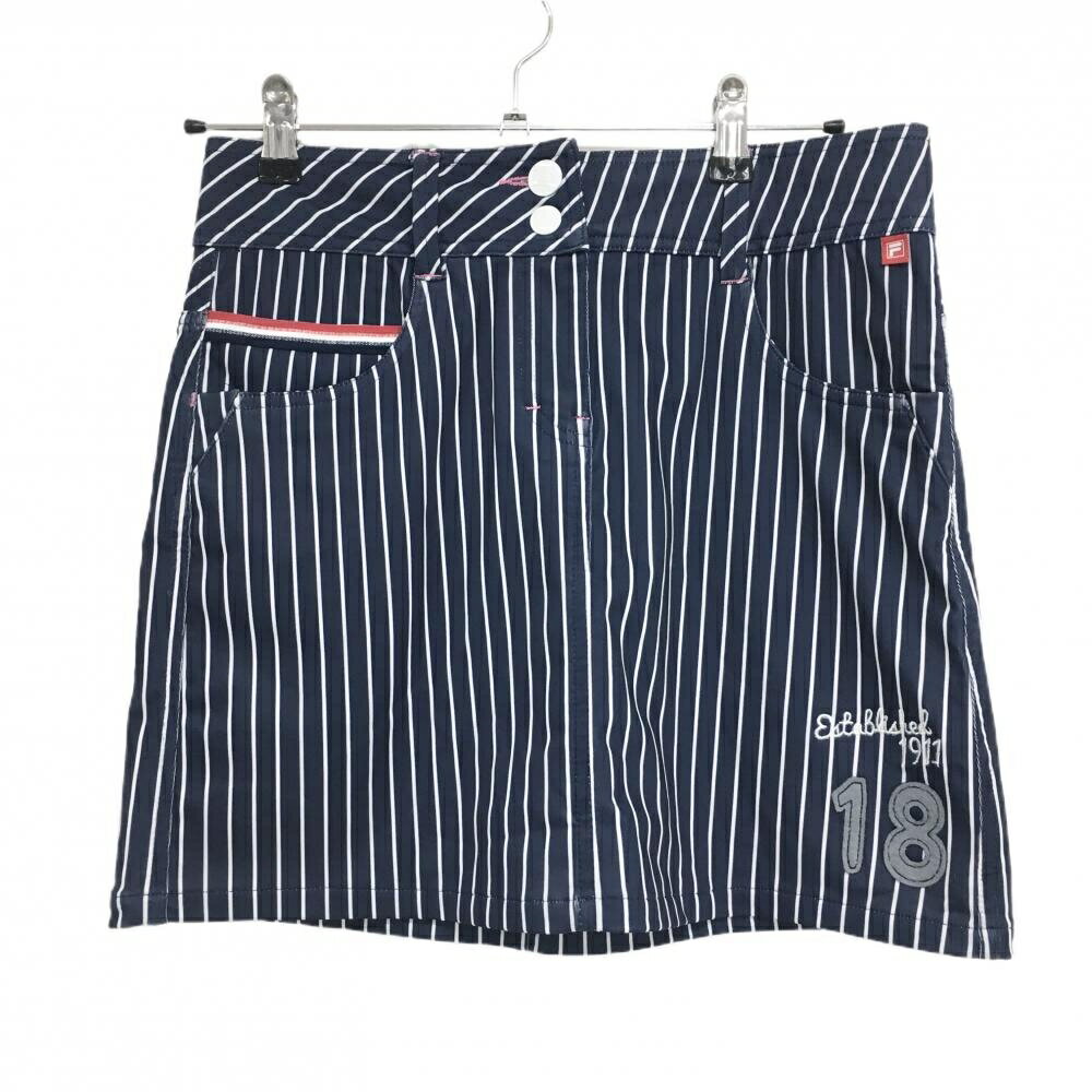 【美品】フィラゴルフ スカート ネイビー×白 ストライプ ロゴグレー レディース M ゴルフウェア FILA G..