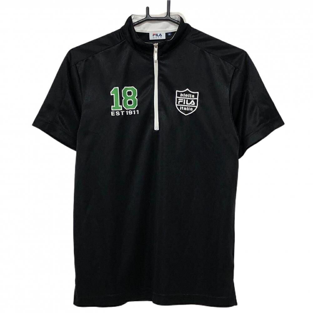 【美品】フィラゴルフ 半袖ハイネックシャツ 黒×白 ハーフジップ ロゴ刺しゅう メンズ M ゴルフウェア FILA GOLF