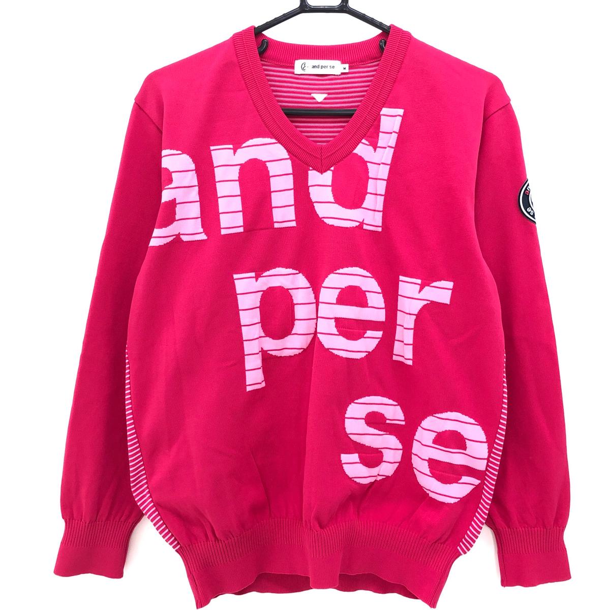 【当店ポイント5倍！スーパーセル期間中限定】【超美品】アンパスィ セーター ピンク ビッグロゴ Vネック ニット メンズ M ゴルフウェア and per se