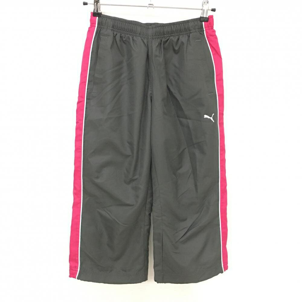 【超美品】プーマ 半端丈ナイロンパンツ ダークグレー×ピンク サイドライン 裏地メッシュ ウエストゴム レディース M ゴルフウェア PUMA