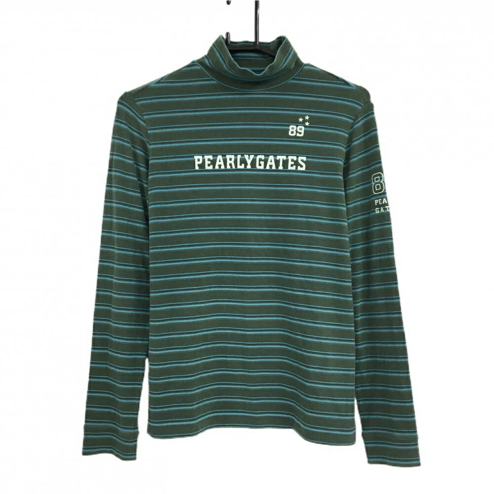 【美品】パーリーゲイツ 長袖ハイネックシャツ グレー×ライトブルー ボーダー レディース 2(L) ゴルフ..