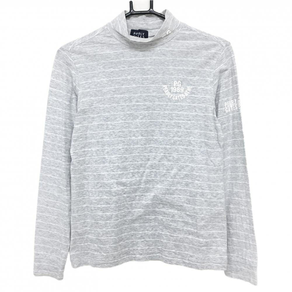 PEARLY GATES - 【美品】パーリーゲイツ 長袖ハイネックシャツ 杢ライトグレー×白 ボーダー ロゴプリント レディース 1(M) ゴルフウェア PEARLY GATES