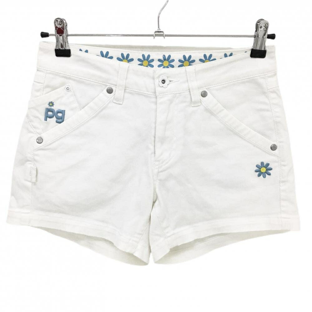 【美品】パーリーゲイツ ショートパンツ 白×ライトブルー 花刺しゅう レディース 00(XS) ゴルフウェア ..