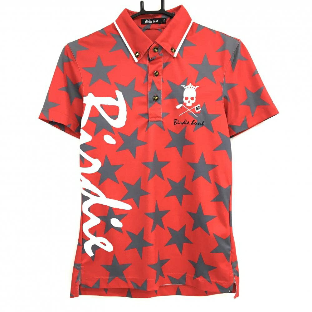 【美品】バーディハント 半袖ポロシャツ レッド×グレー 星柄 スカル ボタンダウンは メンズ XS ゴルフウェア Birdie hunt