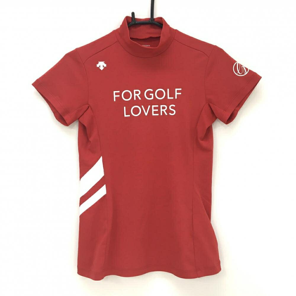 【超美品】デサントゴルフ 半袖ハイネックシャツ レッド×白 フロントロゴプリント 中田英寿 レディース M ゴルフウェア DESCENTE