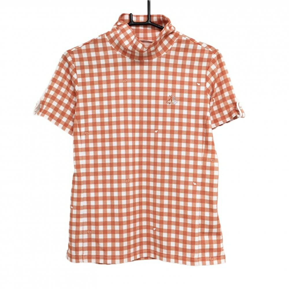 ブラックアンドホワイト 半袖ハイネックシャツ オレンジ×白 チェック柄 袖口飾りボタン レディース 2(M) ゴルフウェア Black＆White