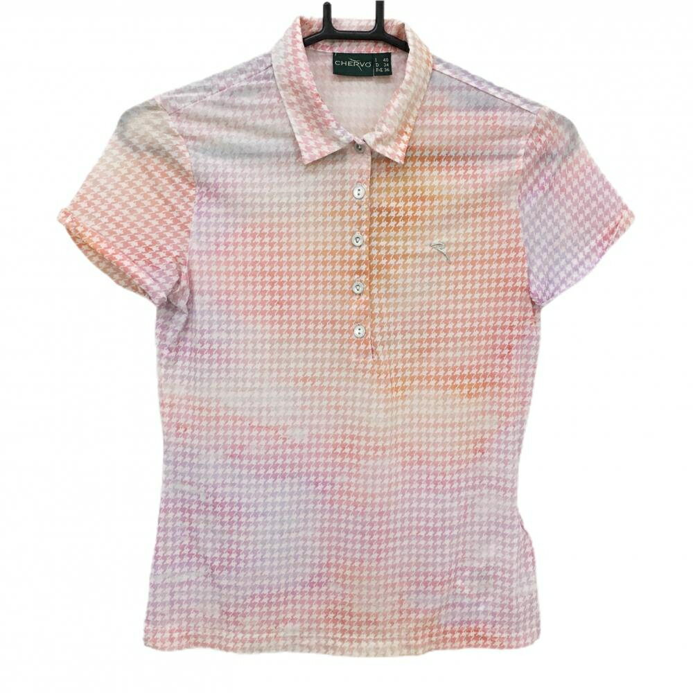 【超美品】シェルボ 半袖ポロシャツ ピンク系×白 千鳥柄 薄手 ロゴ刺しゅう レディース USA-XS4 ゴルフウェア CHERVO...