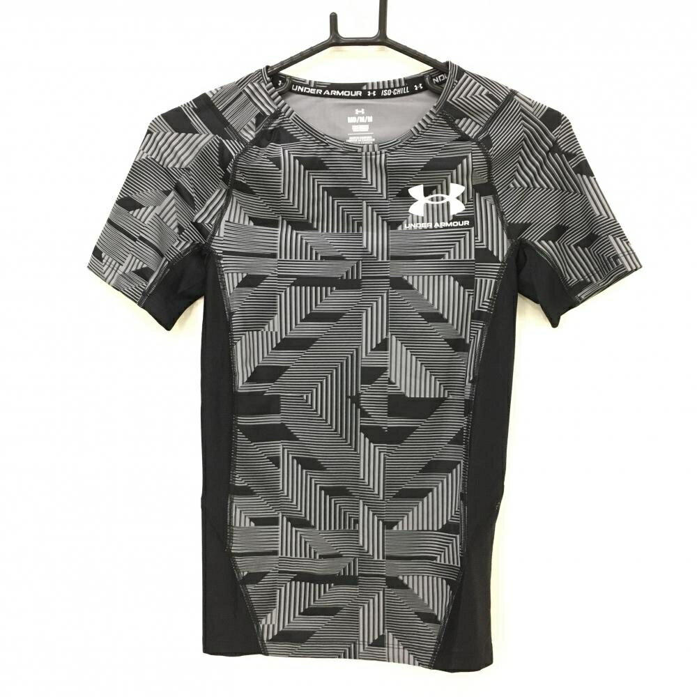 【新品】アンダーアーマー インナーシャツ 黒×グレー 総柄 切替 UAアイソチル メンズ MD ゴルフウェア ..
