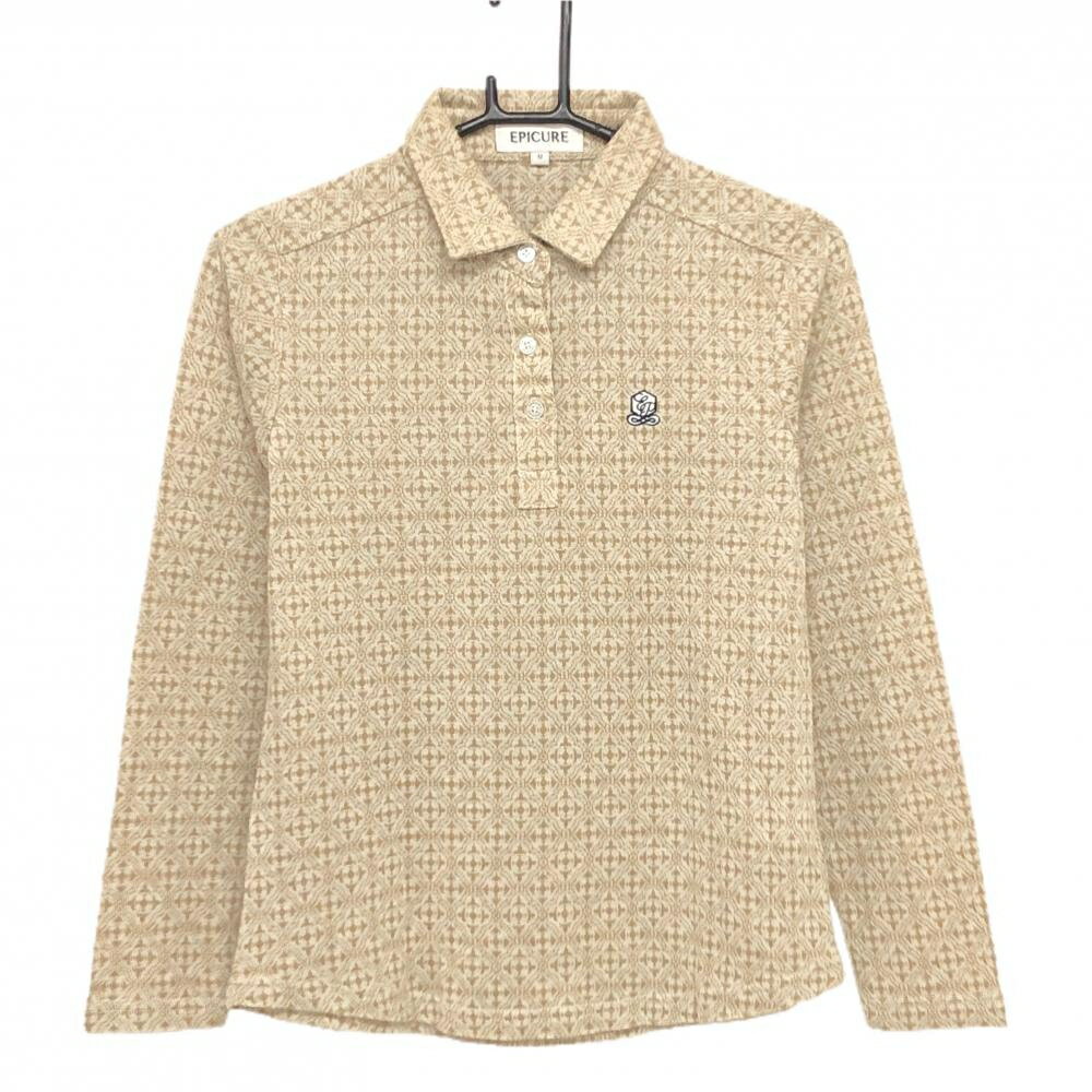 【美品】エピキュール 長袖ポロシャツ ベージュ×ライトブラウン 総柄 微起毛 レディース M ゴルフウェ..