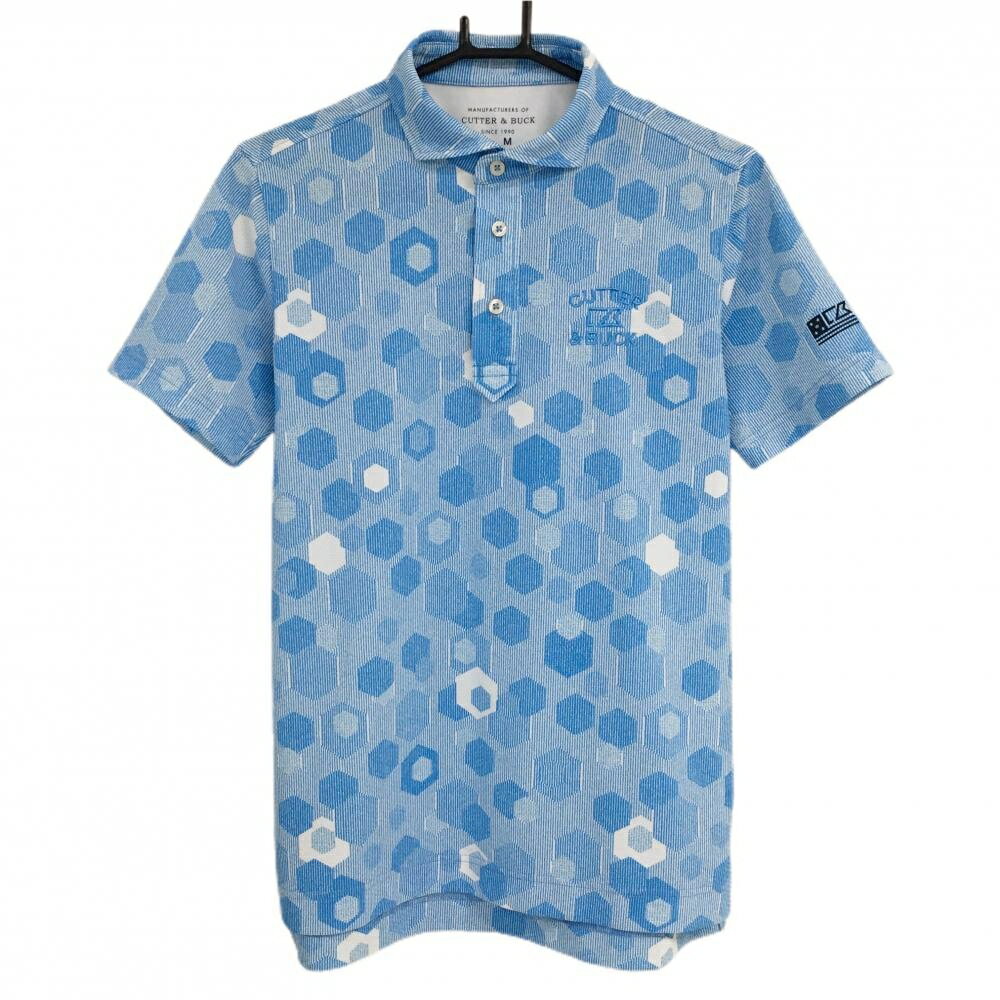 【超美品】カッターアンドバック 半袖ポロシャツ ライトブルー×白 総柄 メンズ M ゴルフウェア CUTTER＆BUCK