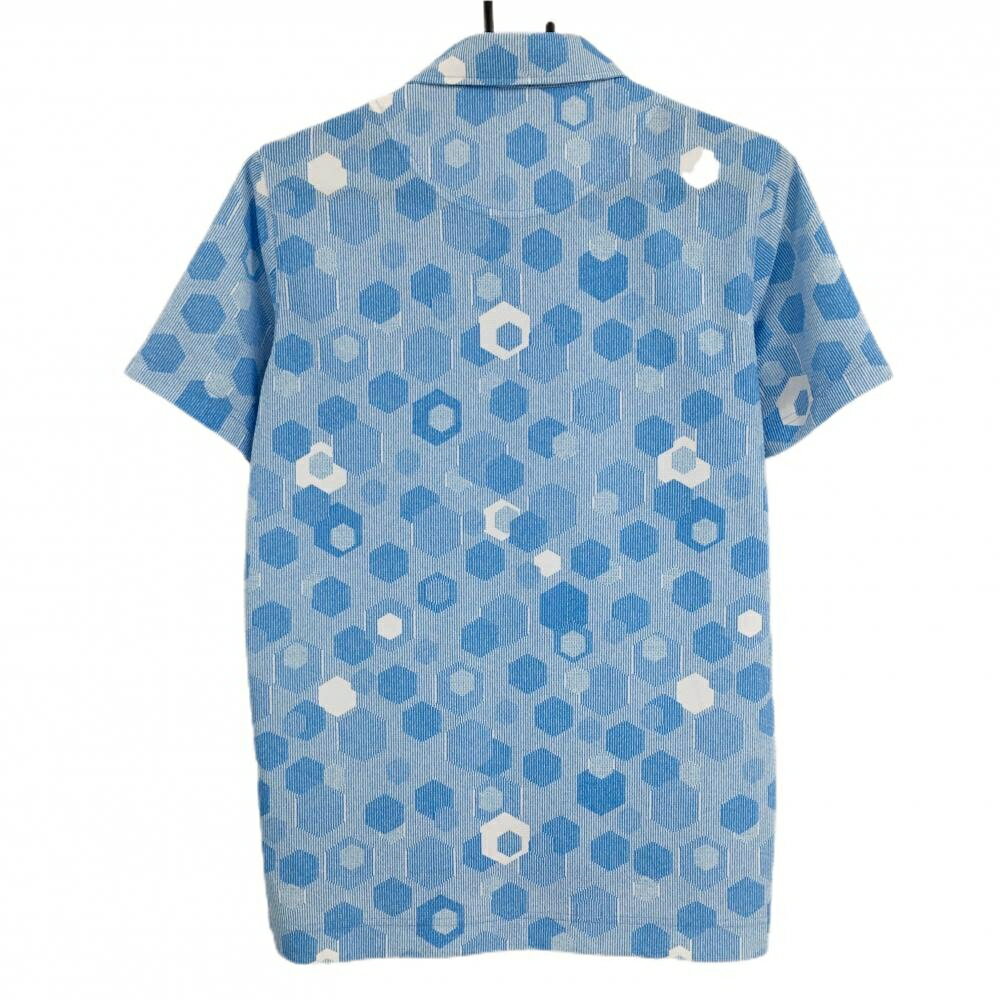 【超美品】カッターアンドバック 半袖ポロシャツ ライトブルー×白 総柄 メンズ M ゴルフウェア CUTTER＆BUCK