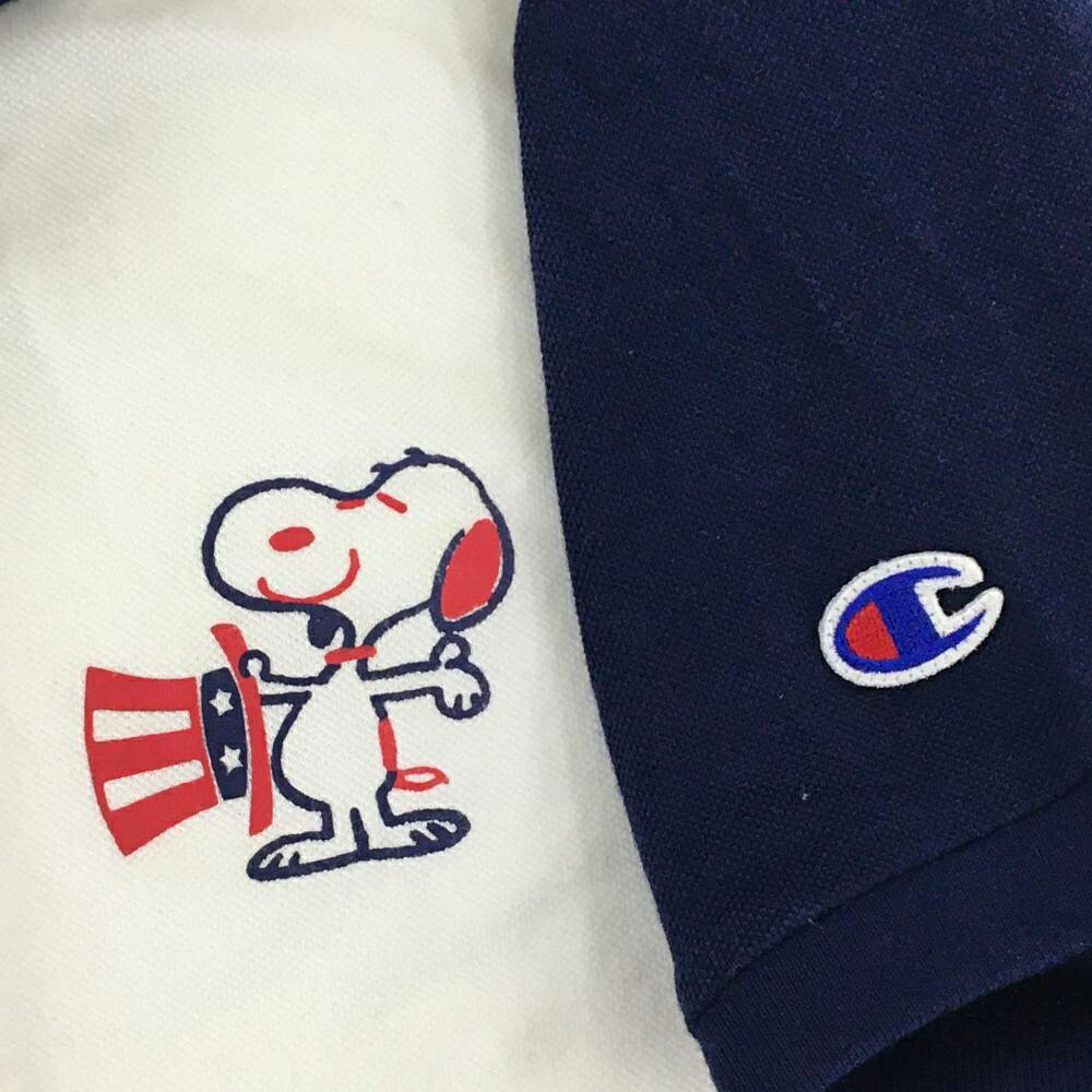 レオナード 楽天市場店のチャンピオン×ビームスゴルフ 半袖ポロシャツ 白×ネイビー スヌーピープリント PEANUTS レディース XXSMALL ゴルフウェア Champion｜アングル3