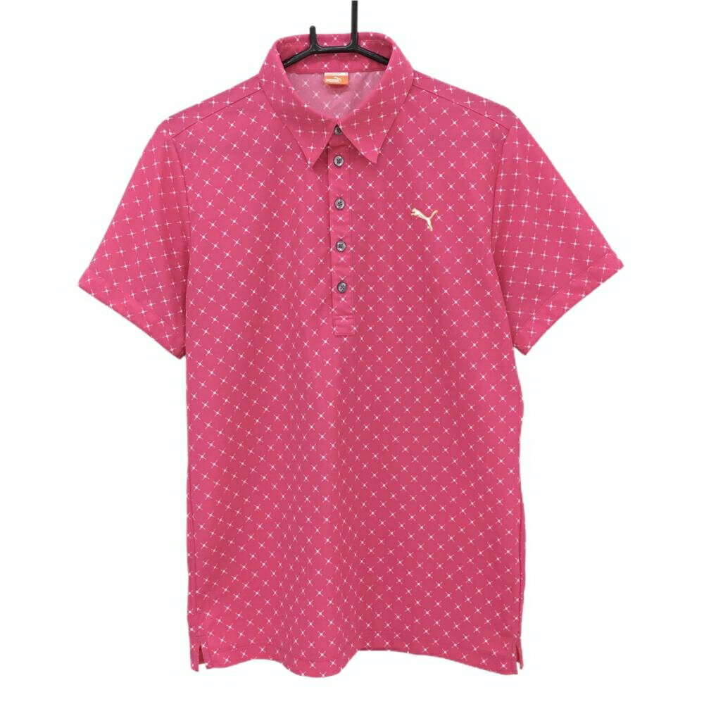 【美品】プーマ 半袖ポロシャツ ピンク×白 総柄 ロゴ刺しゅう メンズ O ゴルフウェア PUMA