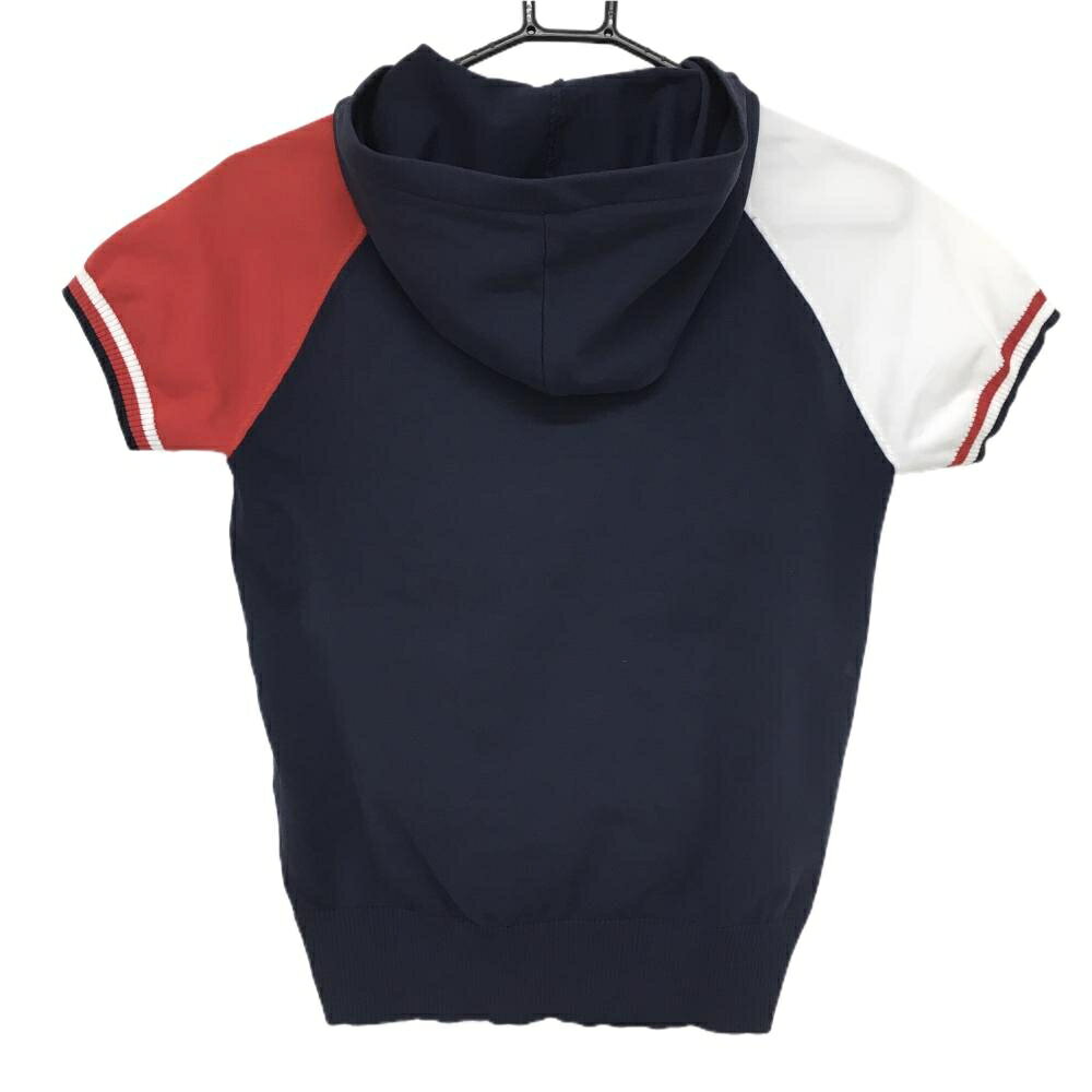 【美品】ルコック 半袖ニットパーカー ネイビー×レッド×白 フロントロゴ セーター レディース ゴルフウェア le coq sportif