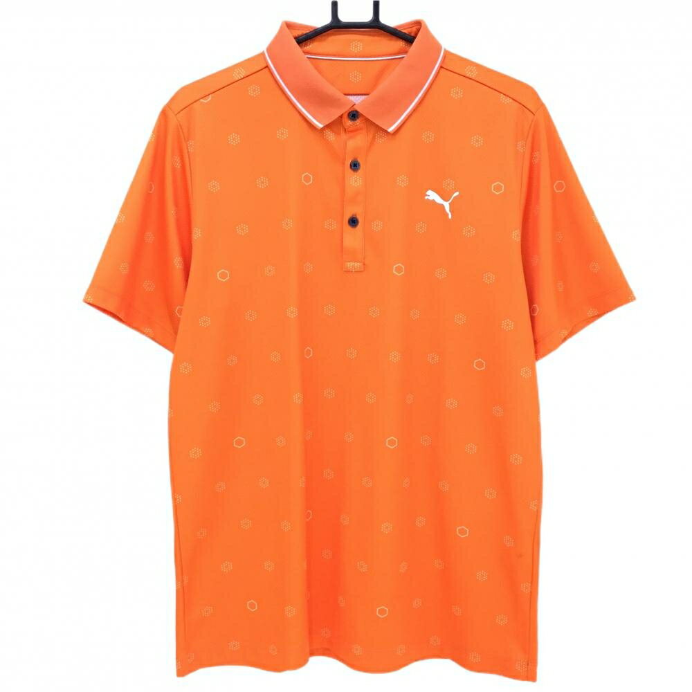 プーマ 半袖ポロシャツ オレンジ×白 総柄 胸元ロゴ メンズ XXL ゴルフウェア PUMA
