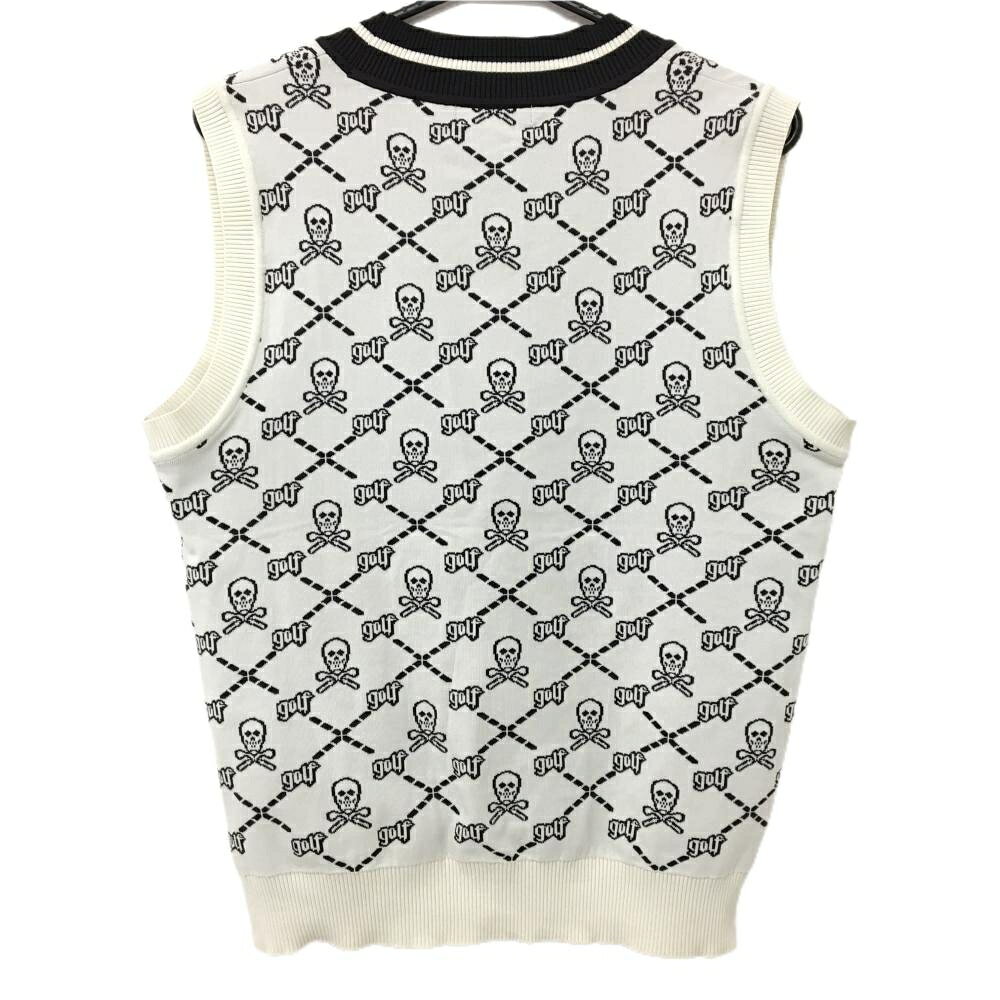 【美品】マークアンドロナ ニットベスト 白×黒 スカル総柄 Vネック メンズ 46(M) ゴルフウェア MARK＆LONA