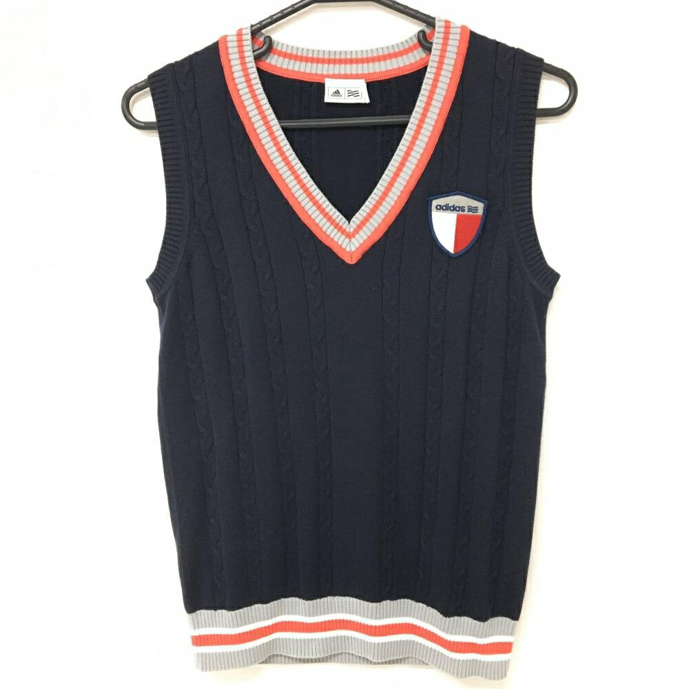【美品】アディダス ニットベスト ネイビー×オレンジ ケーブル編み コットン混 レディース M/M ゴルフウェア adidas