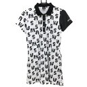 【美品】MUスポーツ 半袖ポロワンピース 白×黒 ロゴ総柄 レディース 42(L) ゴルフウェア M・U SPORTS