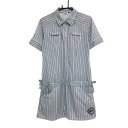 【美品】フィラゴルフ 半袖ポロワンピース ライトブルー×ブラウン×白 ストライプ レディース LL ゴルフウェア FILA GOLF