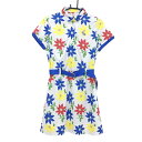 【美品】エフィカス ワンピース ライトグレー×ブルー×レッド 花柄 細ストライプ レディース 3(L) ゴルフウェア efficace