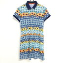 【美品】マンシングウェア ワンピース 白×ネイビー×オレンジ 総柄 花 レディース L ゴルフウェア Munsingwear
