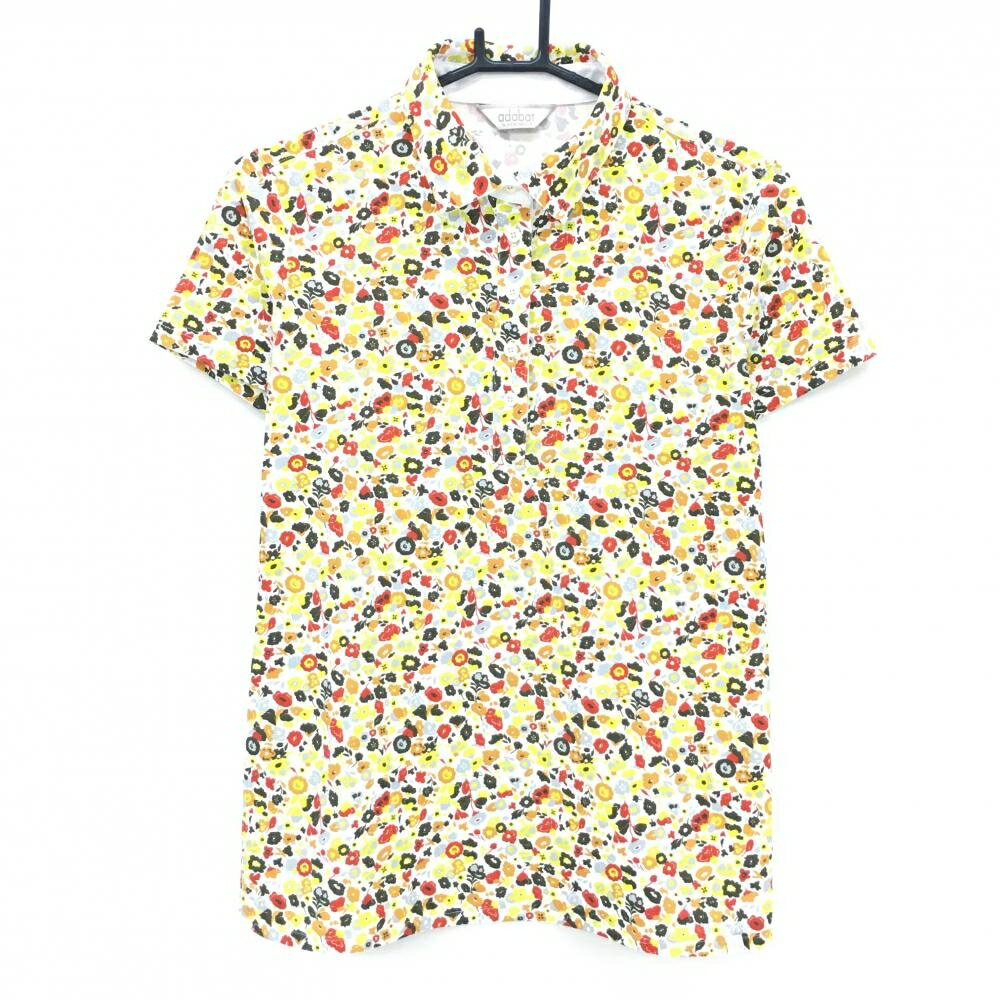 Adabat - 【超美品】アダバット 半袖ポロシャツ 白×イエロー系×レッド 小花柄 レディース 40(L) ゴルフウェア adabat