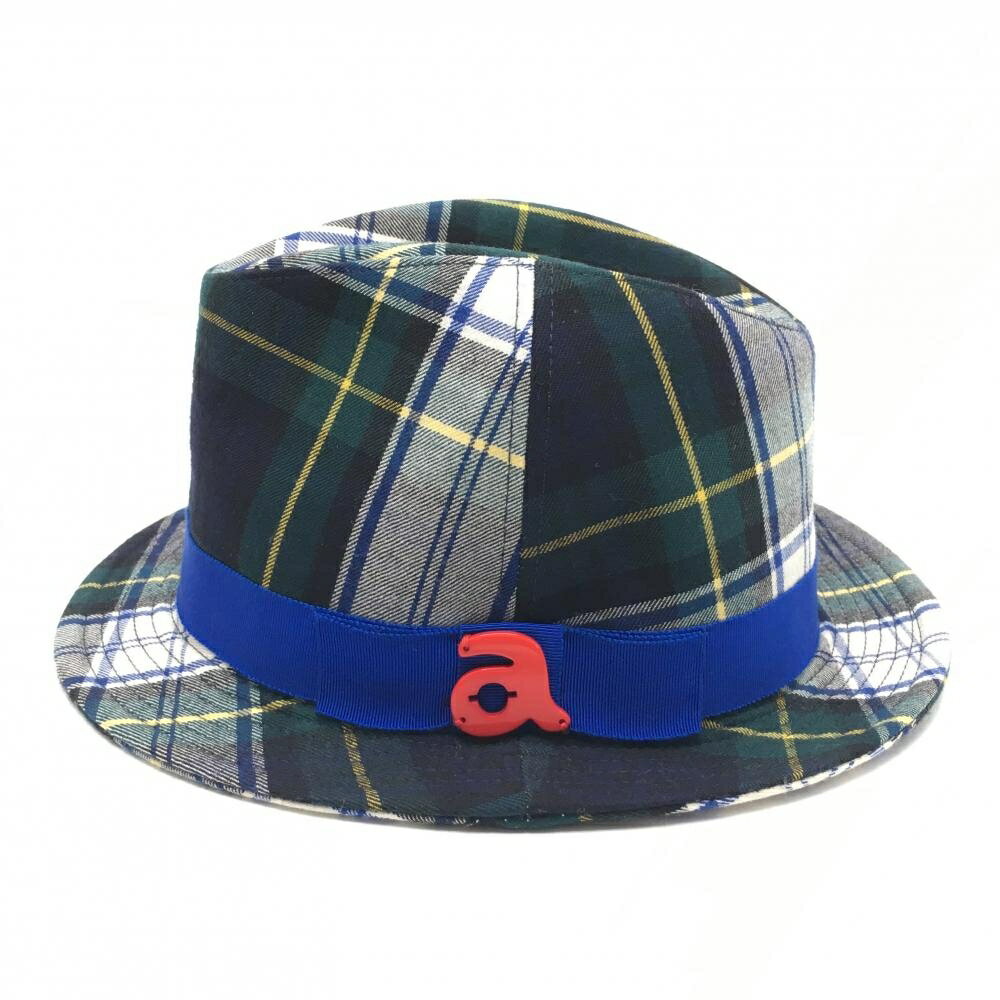 【美品】アルチビオ 中折れハット ダークグリーン×イエロー×ブルー チェック 立体ロゴ ウール100％ レディース ゴルフウェア archivio
