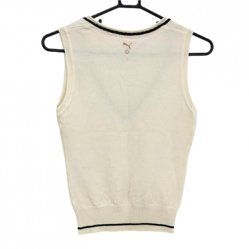 【美品】プーマ ニットベスト アイボリー×黒 前面総柄編み ウール100％ レディース S ゴルフウェア PUMA