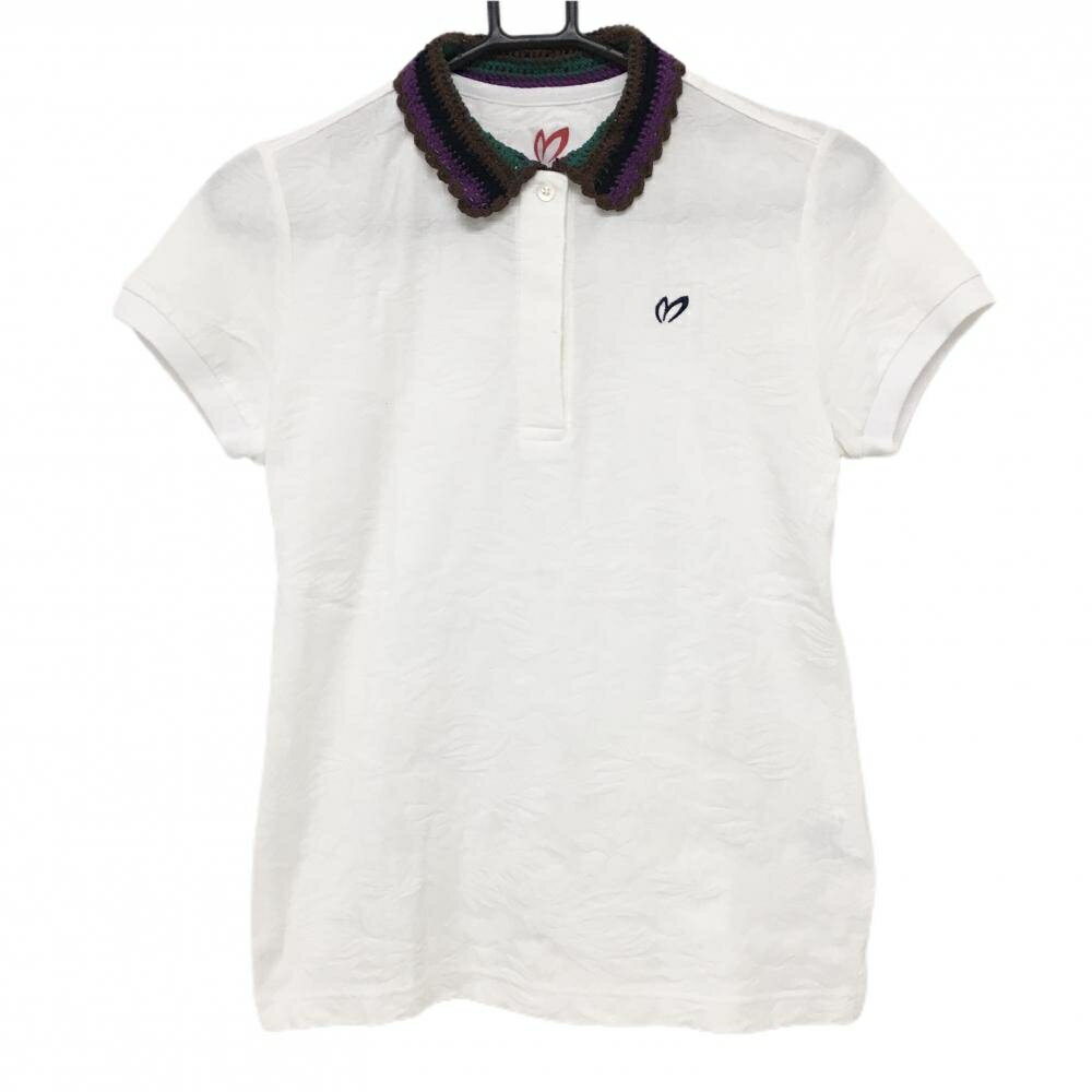 【美品】マスターバニー 半袖ポロシャツ 白×ブラウン 襟かぎ編み風 リーフ織生地 レディース 1(M) ゴルフウェア MASTER BUNNY EDITION