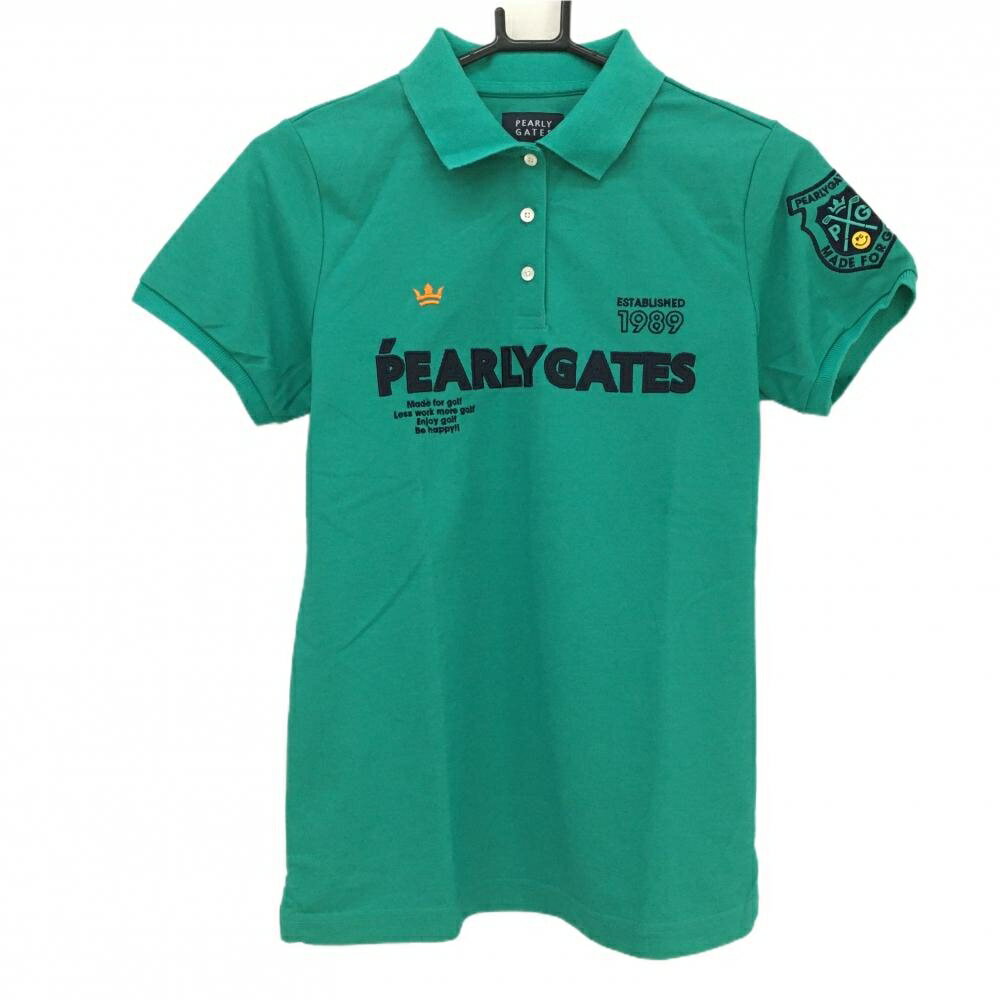 PEARLY GATES - 【超美品】パーリーゲイツ 半袖ポロシャツ グリーン×ネイビー フロントロゴ 袖ニコちゃん レディース 1(M) ゴルフウェア PEARLY GATES