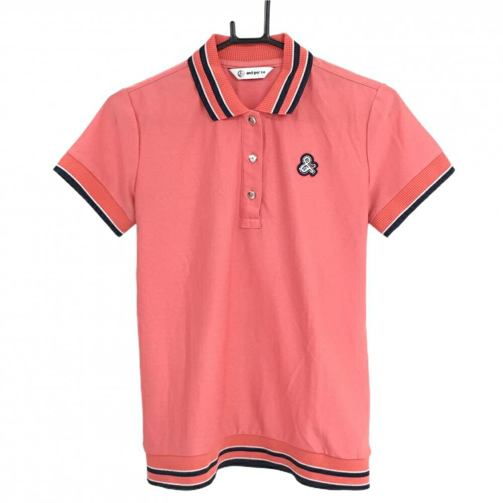 【超美品】アンパスィ 半袖ポロシャツ　ライトオレンジ 襟・袖口ニット レディース L ゴルフウェア and..