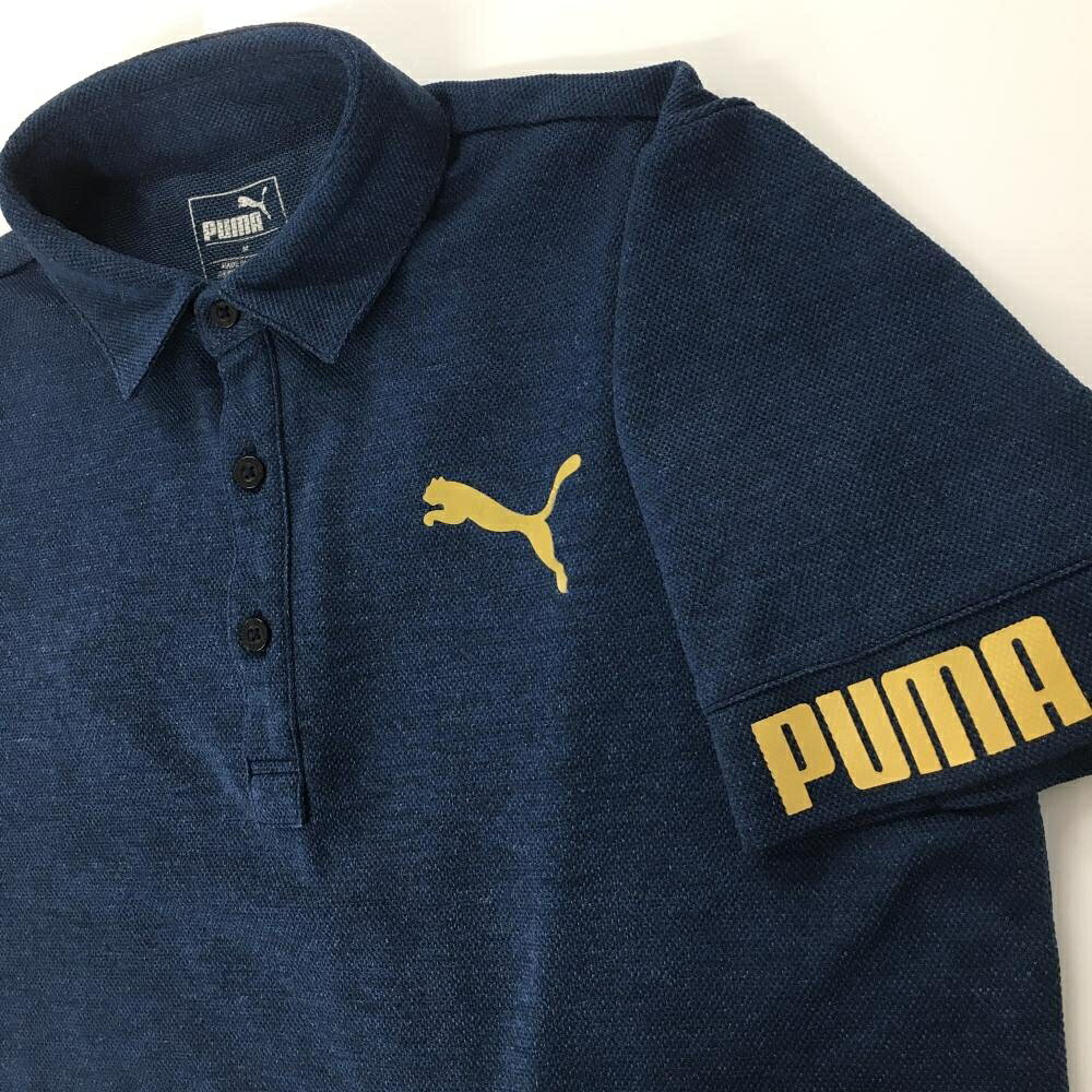 【美品】プーマ 半袖ポロシャツ 杢ネイビー×ゴールド 胸ロゴ メンズ M ゴルフウェア PUMA