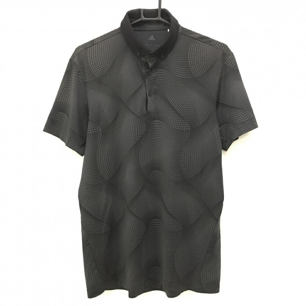 アディダス 半袖ポロシャツ ダークグレー×黒 総柄 袖ロゴ メンズ M ゴルフウェア adidas