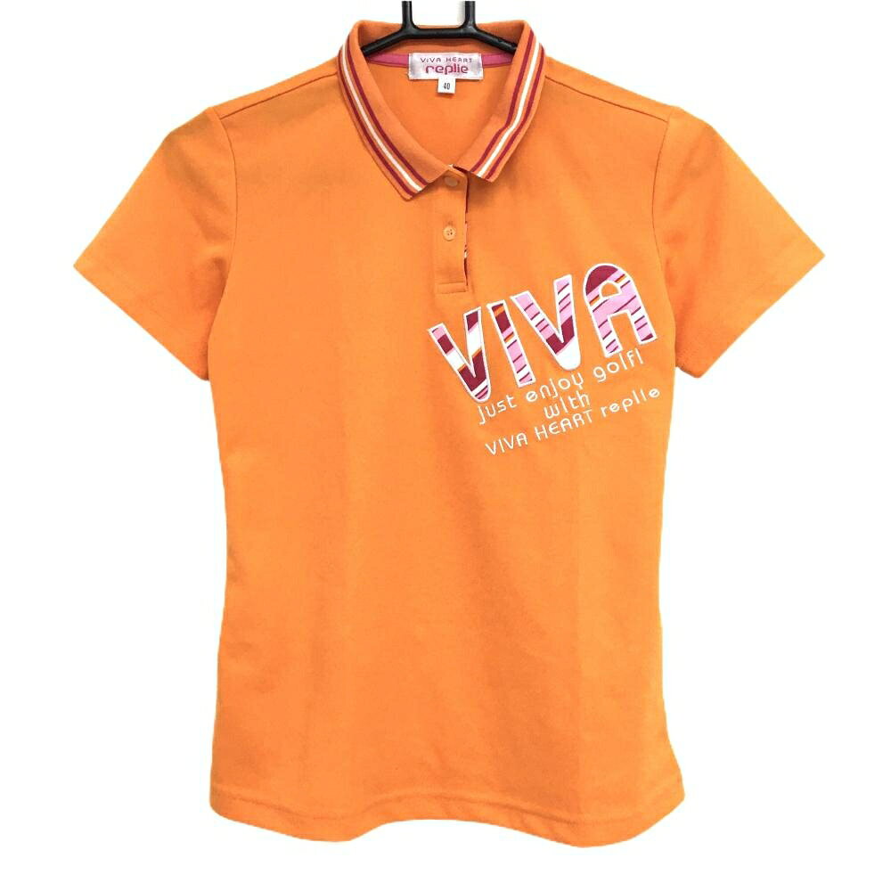VIVA HEART - 【超美品】ビバハート 半袖ポロシャツ オレンジ×ピンク replie ボーダーロゴ 襟ライン レディース 40(M) ゴルフウェア VIVA HEART