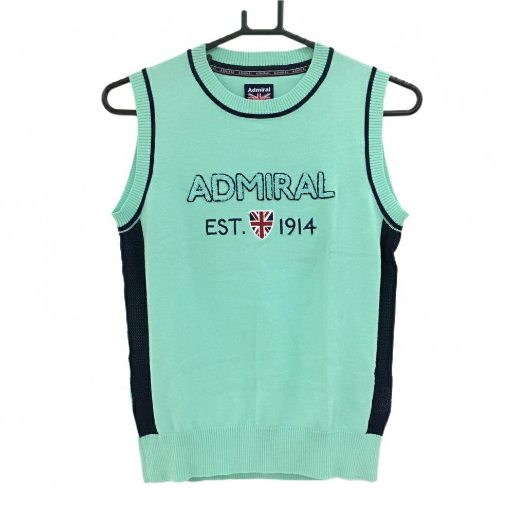 【美品】アドミラル ニットベスト ミントグリーン×ネイビー サイド透かし編み パイル地ロゴ レディース..