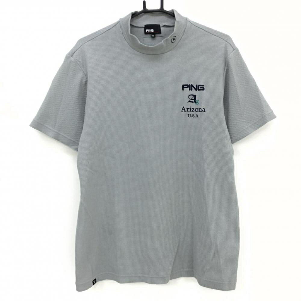 【美品】ピン 半袖ハイネックシャツ グレー×ネイビー 凸凹織 ロゴ刺しゅう メンズ LL ゴルフウェア PING