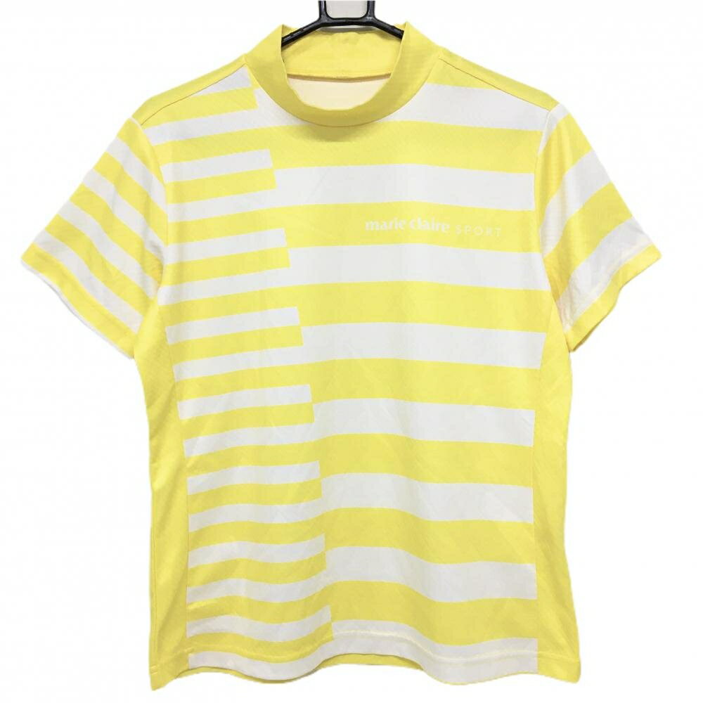 【超美品】マリクレールスポーツ 半袖ハイネックシャツ イエロー×白 ボーダー スクエア地模様 レディース LL ゴルフウェア marie claire
