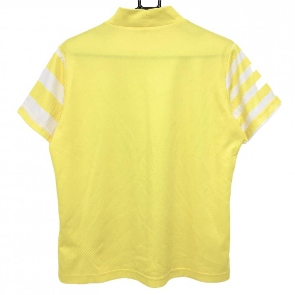 【超美品】マリクレールスポーツ 半袖ハイネックシャツ イエロー×白 ボーダー スクエア地模様 レディース LL ゴルフウェア marie claire