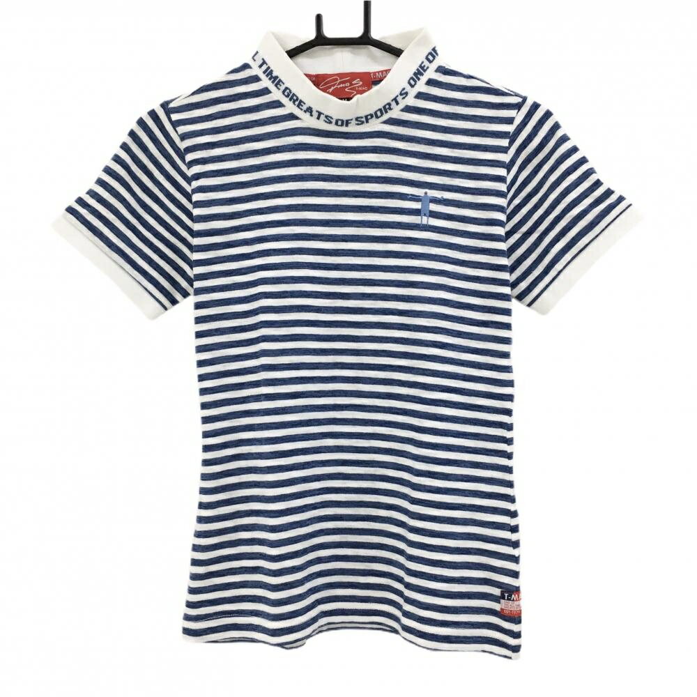 【美品】ティーマック 半袖ハイネックシャツ 白×ブルー ボーダー ネックロゴ レディース M ゴルフウェ..