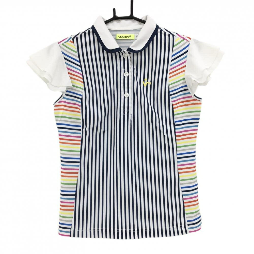 VIVA HEART - 【美品】ビバハート 半袖ポロシャツ 白×マルチカラー ボーダー 袖フリル レディース 40(M) ゴルフウェア VIVA HEART
