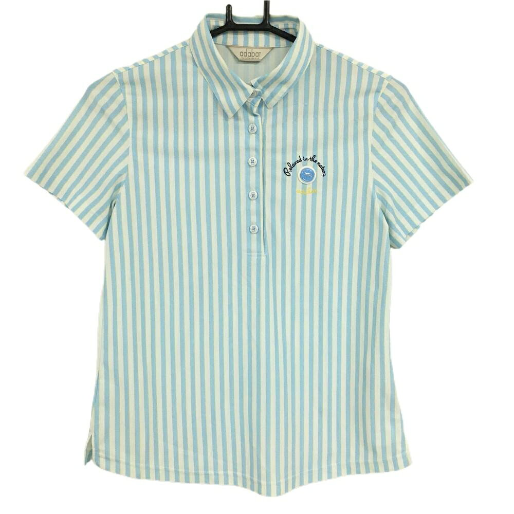 Adabat - 【美品】アダバット 半袖ポロシャツ ライトブルー×白 ストライプ ロゴワッペン レディース 38(M) ゴルフウェア adabat