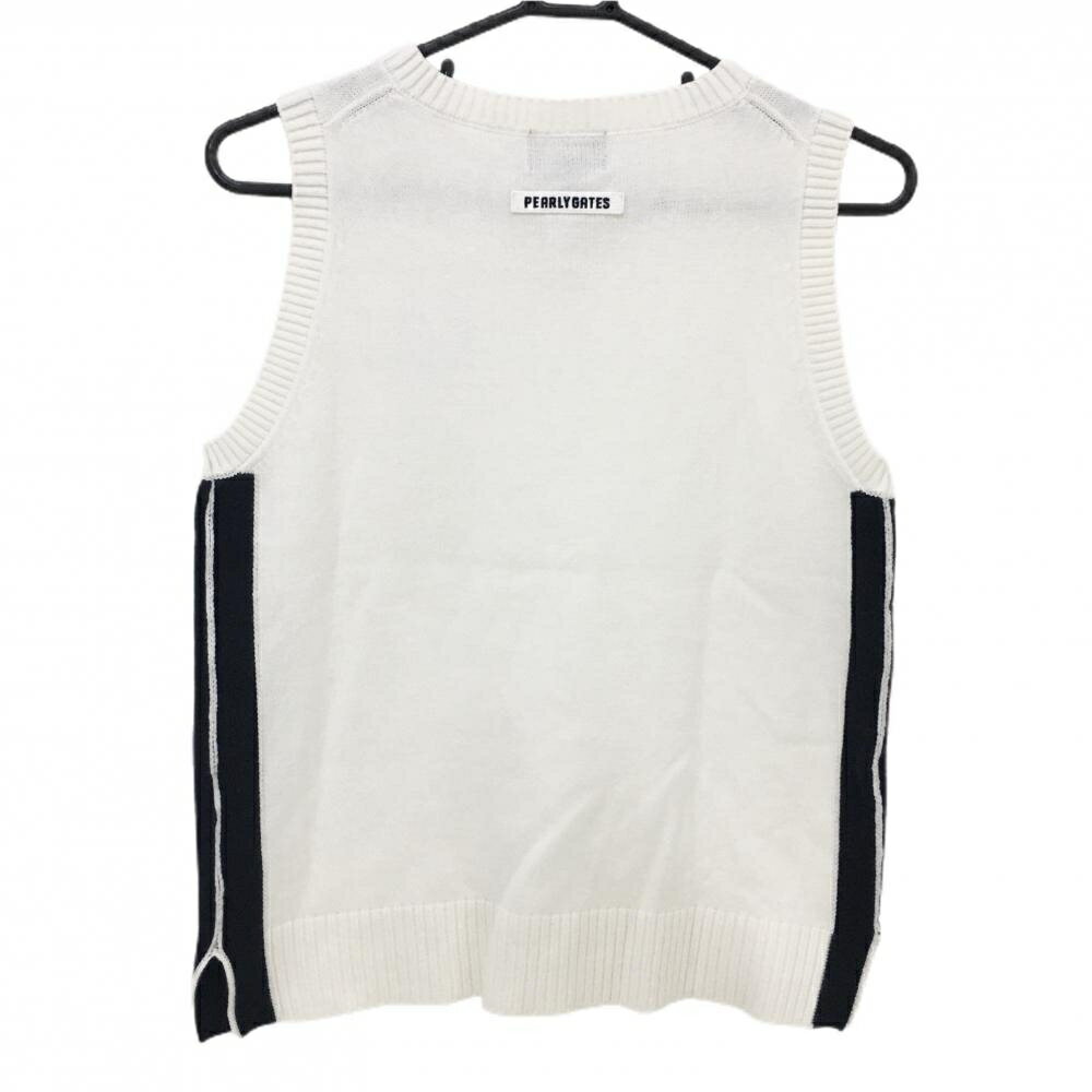 【美品】パーリーゲイツ ニットベスト 白×ネイビー Vネック ワッペン レディース 1(M) ゴルフウェア PEARLY GATES