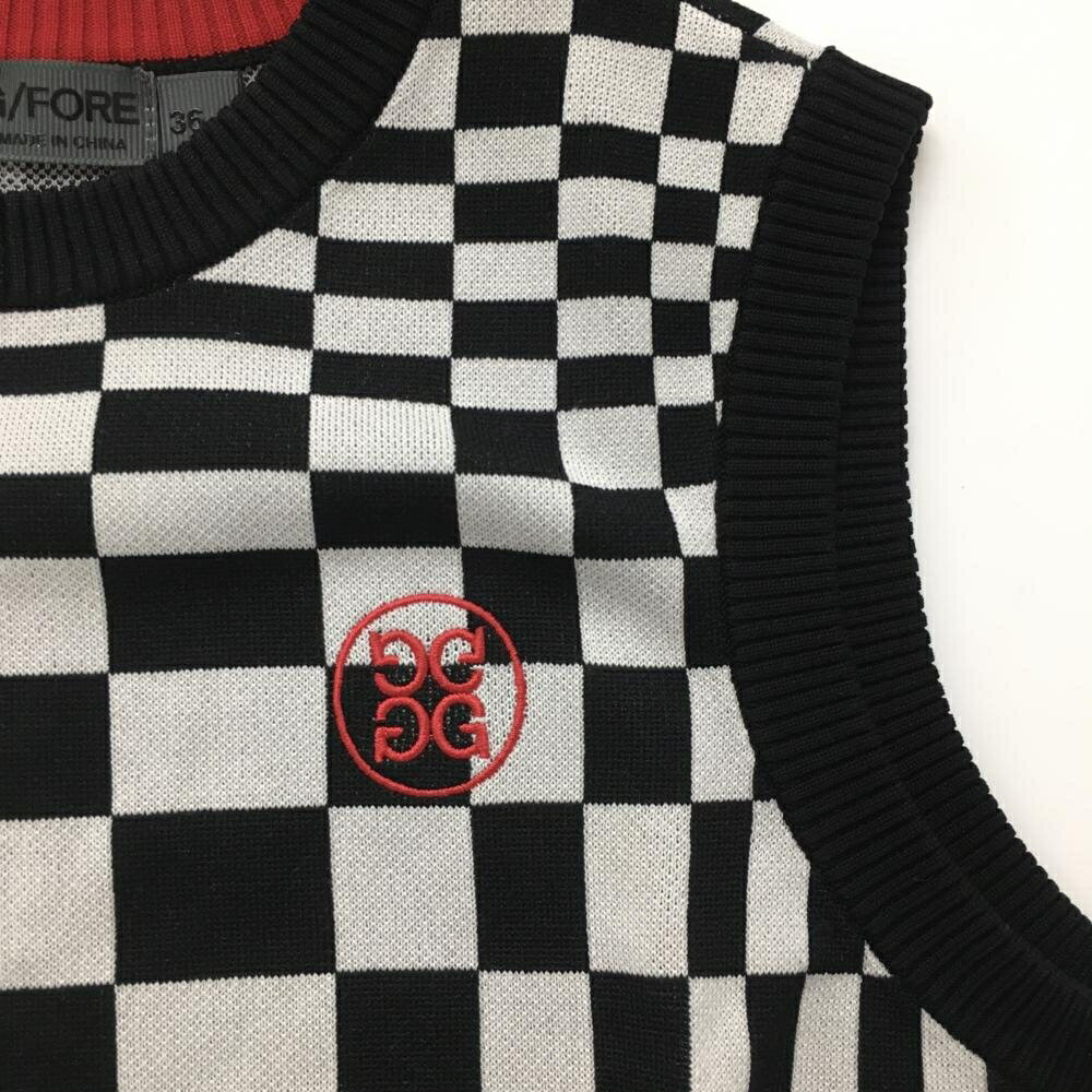【美品】ジーフォア ニットベスト 黒×白 ブロックチェック ロゴ レディース 36(S) ...